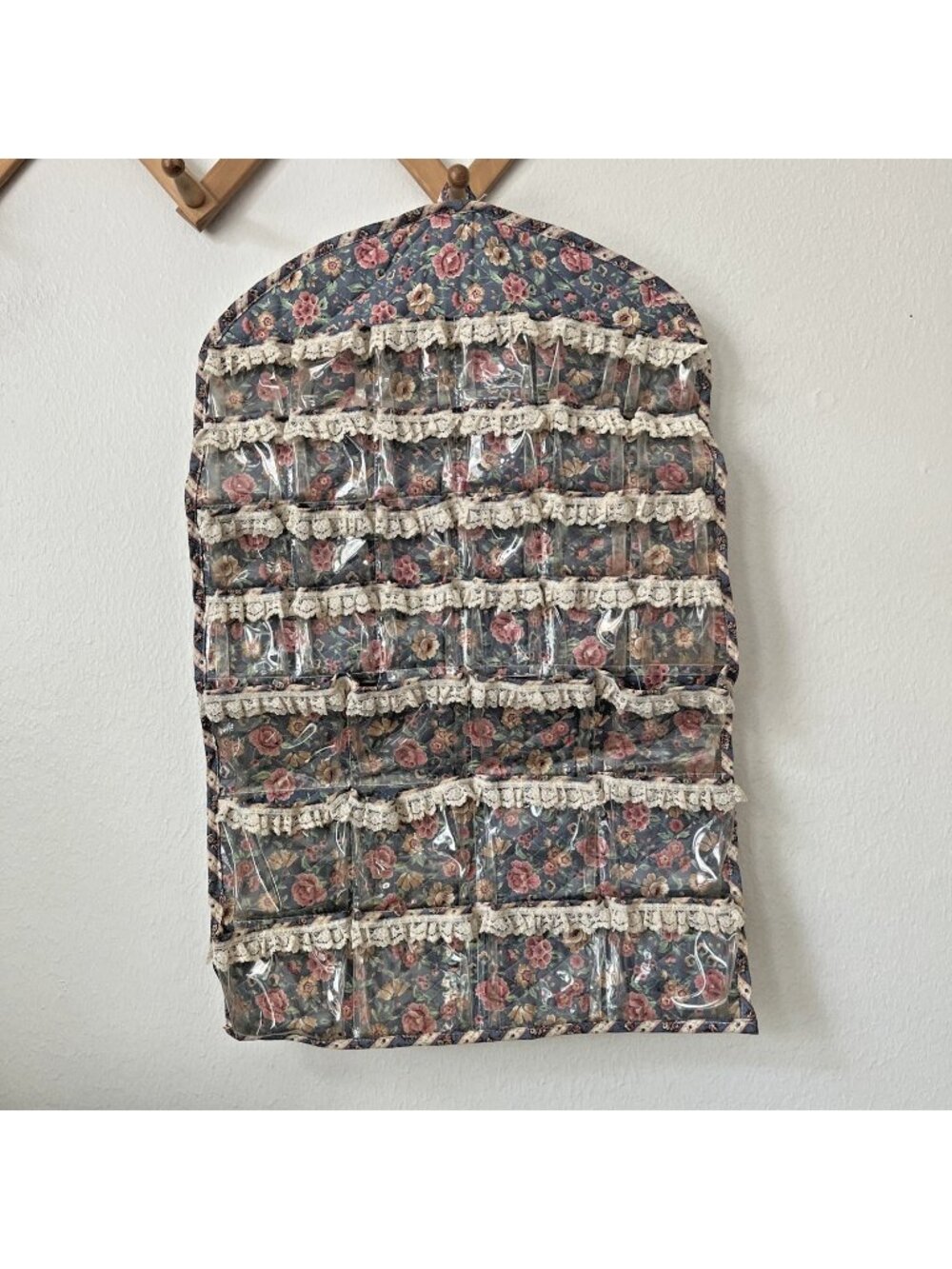 90s Pretty Pockets blue floral hanging jewelry organizer shabby chic grandmacore